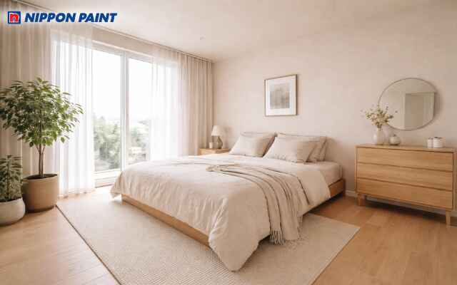 Sự hòa quyện của be xám và vải sợi tự nhiên giúp tạo không gian riêng tư thư thái và bình yên