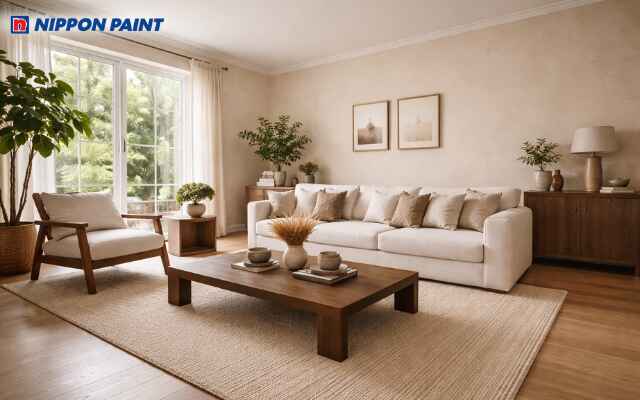 Nét tĩnh tại của Japandi hiện rõ qua mảng tường be cát và gỗ sẫm