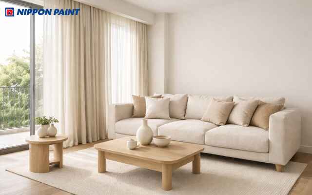 Chất liệu vải linen mộc mạc hòa quyện trên nền tường be, mang đến cảm giác dễ chịu cho thị giác