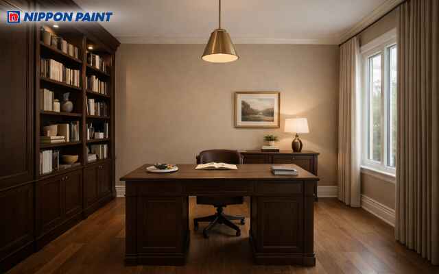 Tông be đậm kết hợp hoàn hảo cùng gỗ nâu sẫm, kiến tạo không gian làm việc chuyên nghiệp, sang trọng