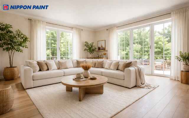 Phòng khách mở ngập tràn sắc be nhạt, tạo lập bầu không khí hiếu khách và phong thái lịch lãm