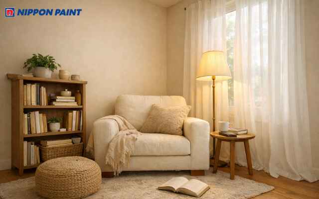 Góc thư giãn với sắc be nhạt và rèm voan trắng, nơi lý tưởng để thả lỏng tâm trí sau ngày dài làm việc