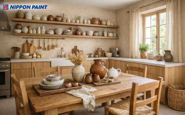 Màu nâu be tôn vinh vẻ đẹp thô mộc của gỗ và gốm sứ, mang lại sự bình yên, giản dị cho khu vực bếp