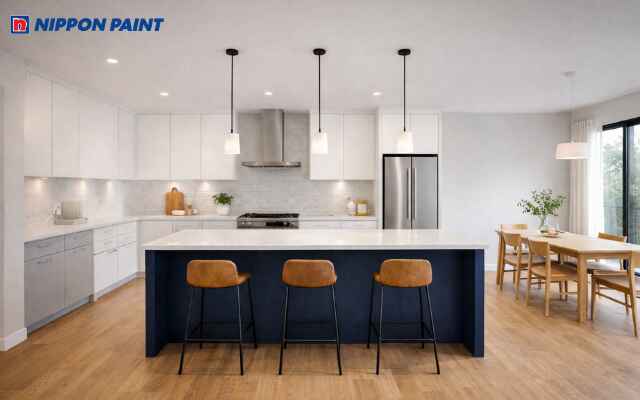 Phối màu chàm tại nhà bếp mang lại cảm giác ổn định