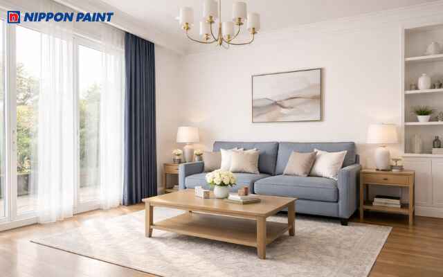 Phối nội thất xanh chàm cùng tông màu trắng kem làm nổi bật phòng khách