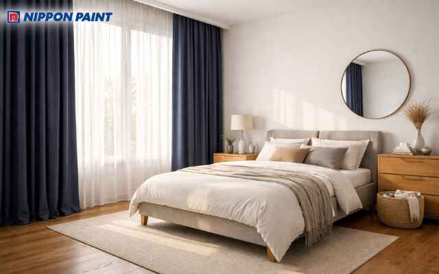 Sử dụng rèm cửa màu chàm làm điểm nhấn cho căn phòng