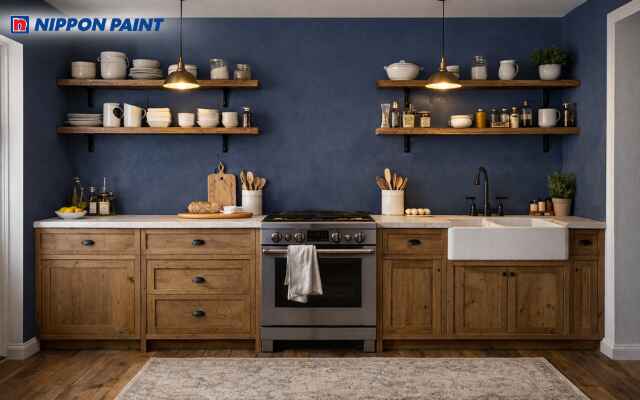 Sơn tường màu chàm ở khu bếp đẹp mắt