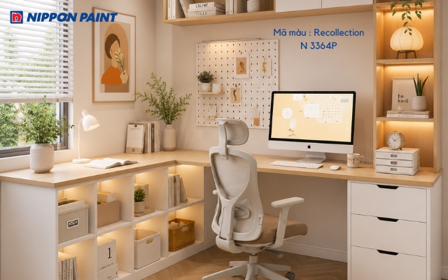 Góc làm việc tại nhà sử dụng gam màu be kết hợp ánh sáng vàng ấm
