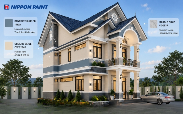 Mặt tiền Nhà phố hiện đại sử dụng tông màu xanh dương và be tinh tế