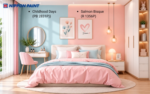 Sự kết hợp Xanh và hồng giúp căn phòng trở nên tươi sáng và hài hòa hơn