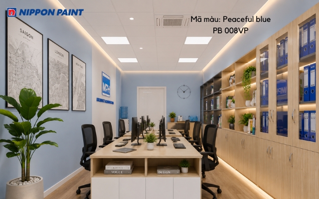 Không gian văn phòng sử dụng màu xanh dương kết hợp nội thất gỗ