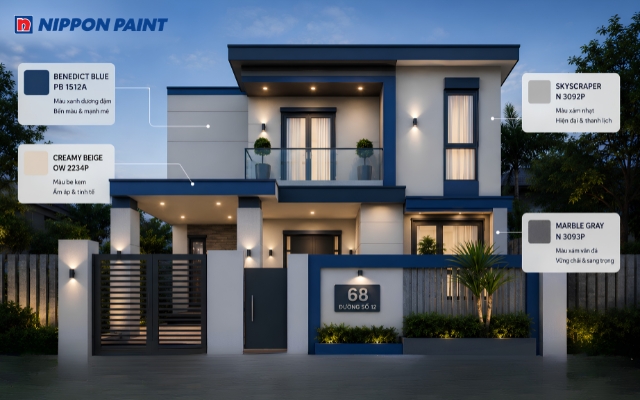 Biệt thự phối màu xanh dương và be, xám&nbsp; tạo vẻ sang trọng, nổi bật