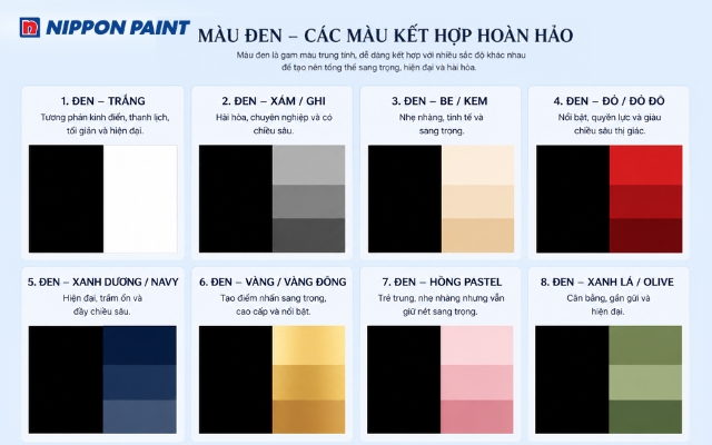 Màu đen kết hợp với nhiều gam màu, tạo nên tổng thể sang trọng, hiện đại và giàu chiều sâu thị giác