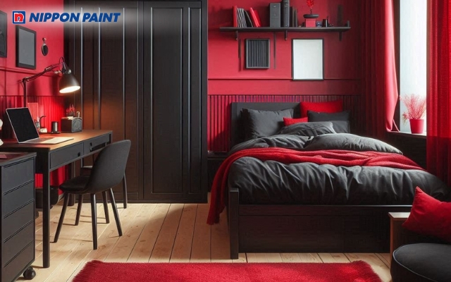 Không gian phòng ngủ kết hợp giữa nội thất đen huyền bí và tường đỏ quyền lực