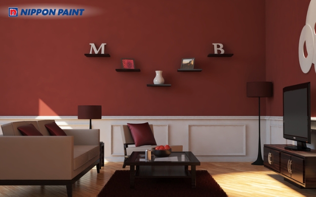 Mảng tường đỏ đậm trong phòng khách sang trọng, thể hiện quyền lực và phong cách tinh tế