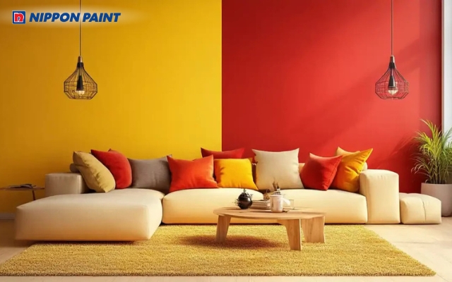 Nội thất phòng khách nổi bật với sự kết hợp màu đỏ ấm áp và vàng tươi tạo cảm giác năng lượng