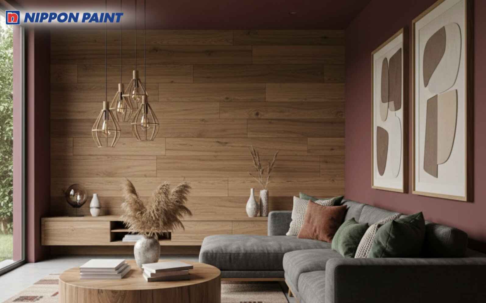 Đỏ đô phối cùng gỗ tự nhiên, mang lại vẻ ấm cúng và gần gũi cho phòng khách