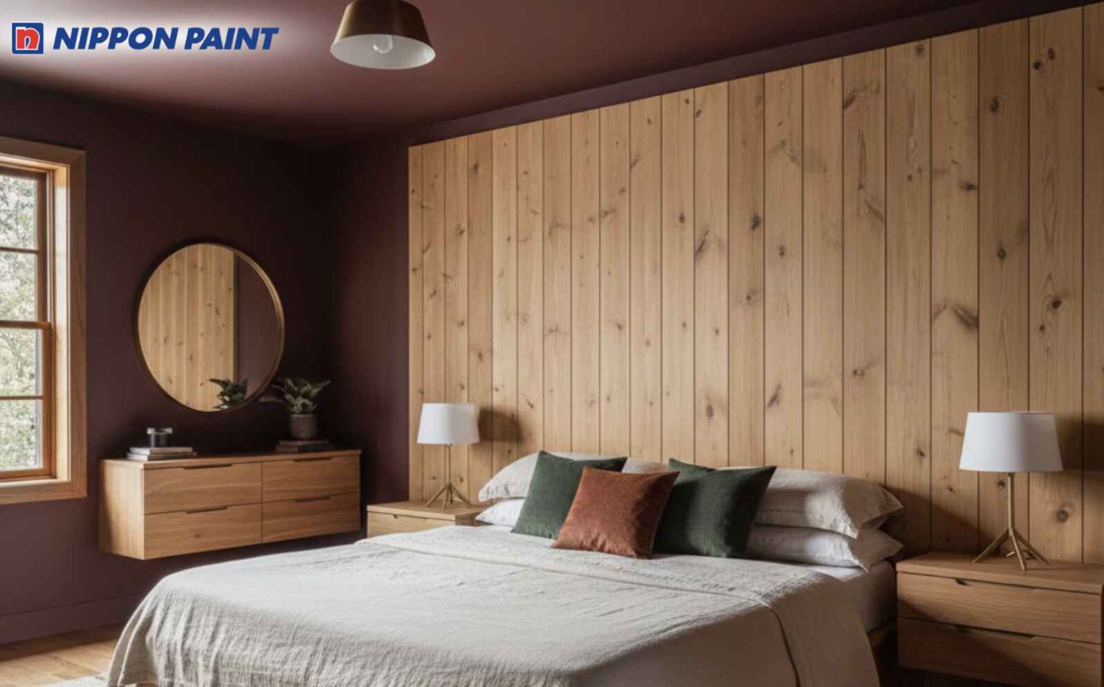 Sơn tường và trần đỏ đô kết hợp nội thất gỗ sáng tạo cảm giác ấm áp và thư giãn