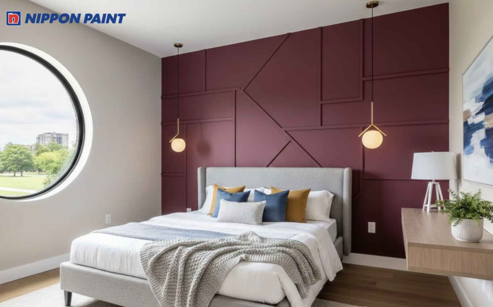 Phối đỏ đô với trắng kem mang lại không gian ngủ cân bằng, dễ chịu