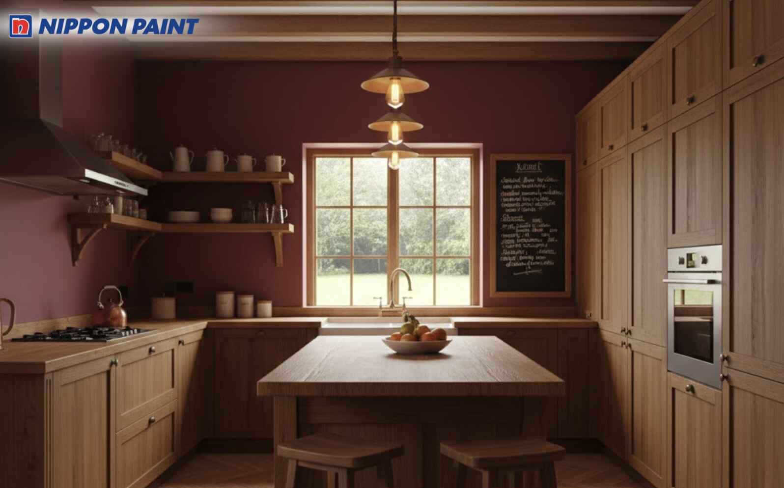 Sơn tường bếp đỏ đô kết hợp tủ bếp gỗ không gian ấm áp nhưng vẫn gọn gàng