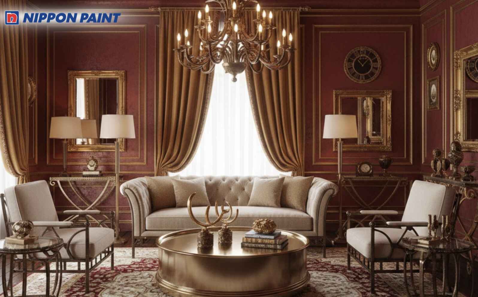 Đỏ đô kết hợp ánh kim vàng đồng, tạo điểm nhấn cao cấp cho phòng khách hiện đại