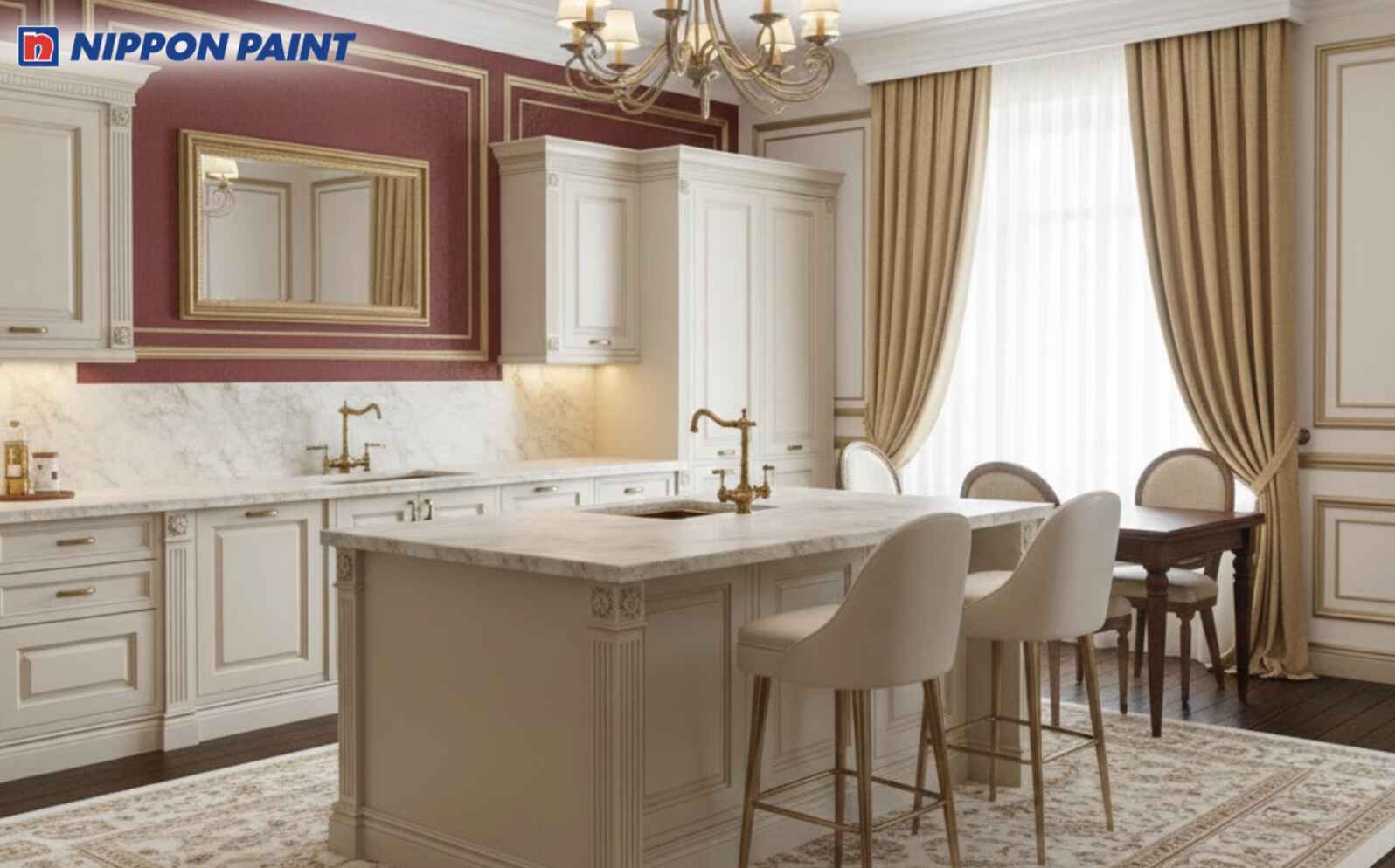 Mảng tường đỏ đô làm điểm nhấn trên nền gạch sáng, tạo cảm giác sang trọng