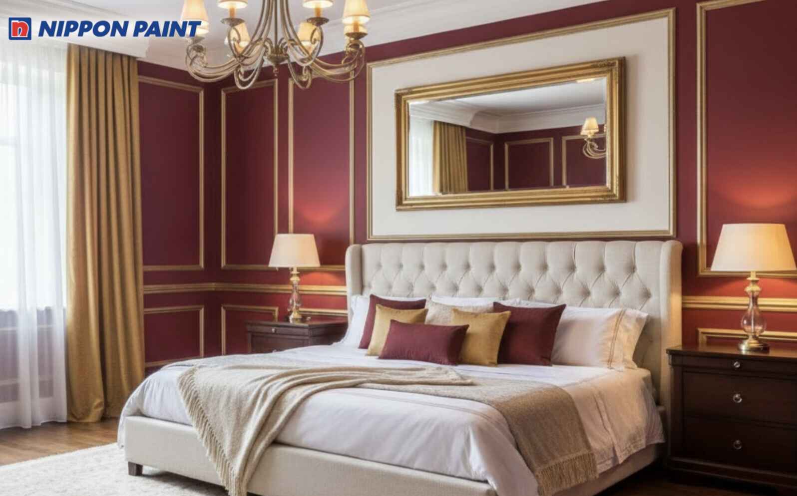 Đỏ đô làm mảng tường đầu giường giúp phòng ngủ sang trọng nhưng không nặng nề