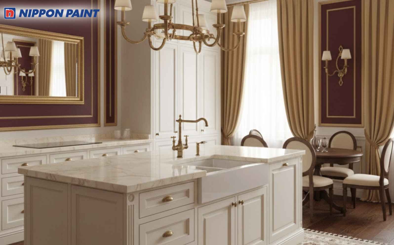 Đỏ đô làm điểm nhấn phối cùng mặt bếp đá màu kem hoặc be mang lại sự cân bằng