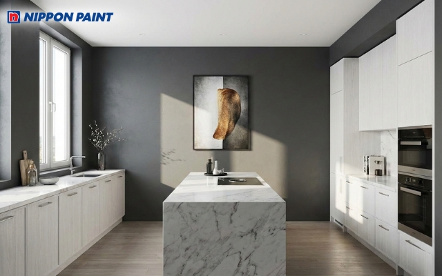 Phòng bếp sơn màu ghi và trắng mang đến sự sang trọng