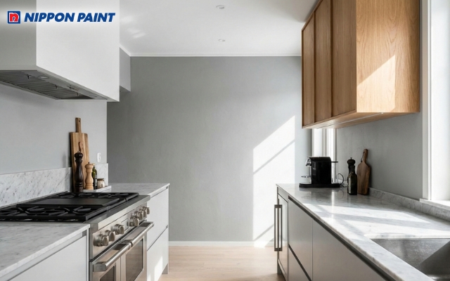 Căn bếp màu ghi mang đến một vẻ ngoài sạch sẽ, hiện đại