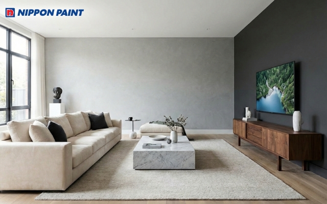 Màu ghi sáng làm không gian phòng khách trông rộng hơn