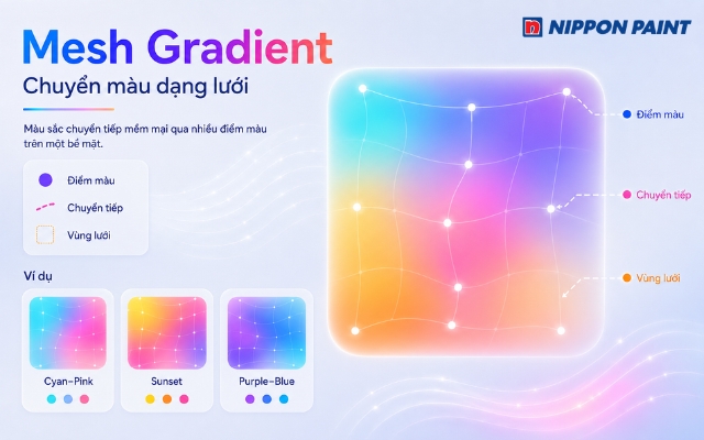 Mesh Gradient kết hợp nhiều điểm màu và tạo hiệu ứng chuyển sắc mềm mại, đa chiều