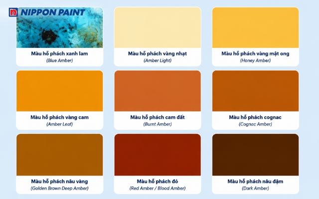 Bảng màu hổ phách từ sáng đến đậm, mang cảm giác ấm áp và sang trọng cho không gian nội thất