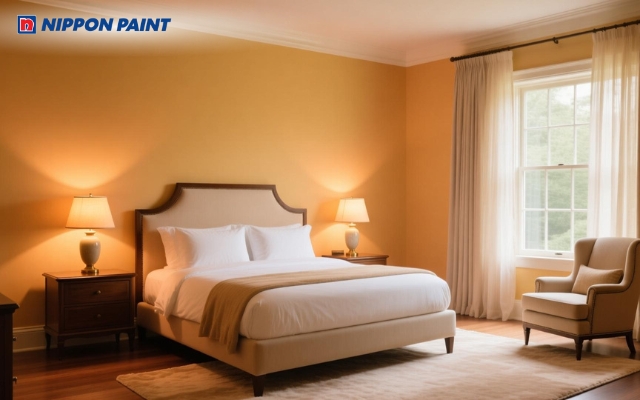 Tường phòng ngủ sơn màu hổ phách hỗ trợ thư giãn tinh thần và cảm giác dễ chịu