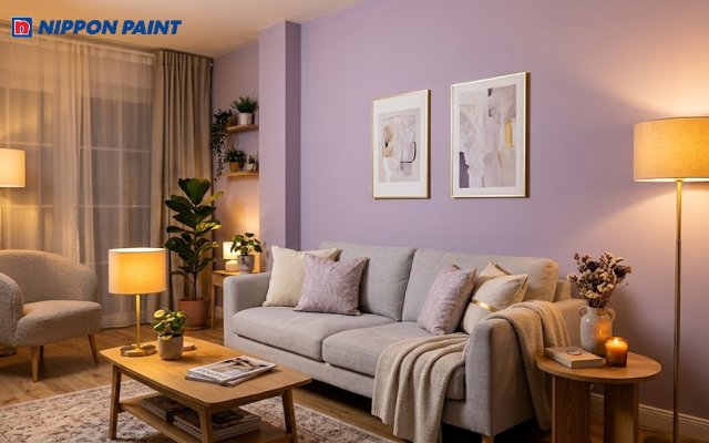 Đèn ánh vàng phối Lilac làm nổi bật không gian ấm cúng, sang trọng và thư giãn