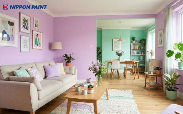 Xanh mint hòa cùng Lilac mang lại không gian tươi mới, trẻ trung và dễ chịu