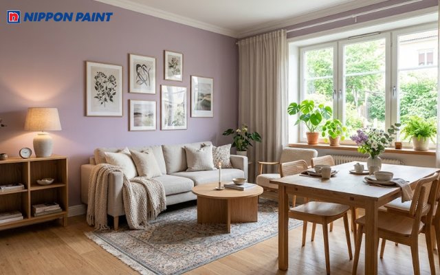 Gỗ sáng màu kết hợp Lilac đem đến sự cân bằng tự nhiên, ấm áp và gần gũi