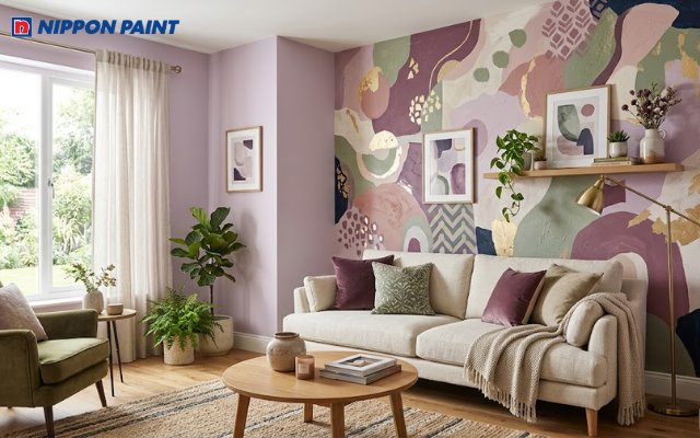 Tường nhấn nghệ thuật cùng Lilac tạo điểm nhấn độc đáo, cá tính và thu hút