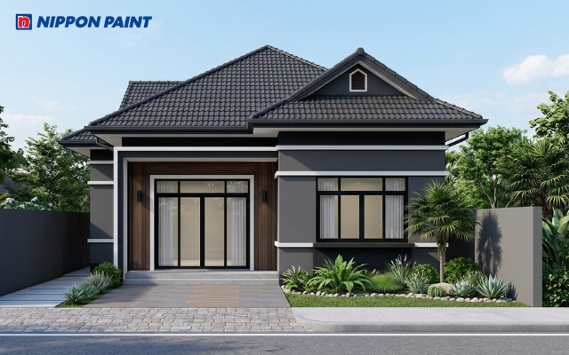 Mặt tiền nhà cấp 4 sơn màu đen xám (65B - 4D) mang đến cảm giác mạnh mẽ, lịch lãm cho gia chủ