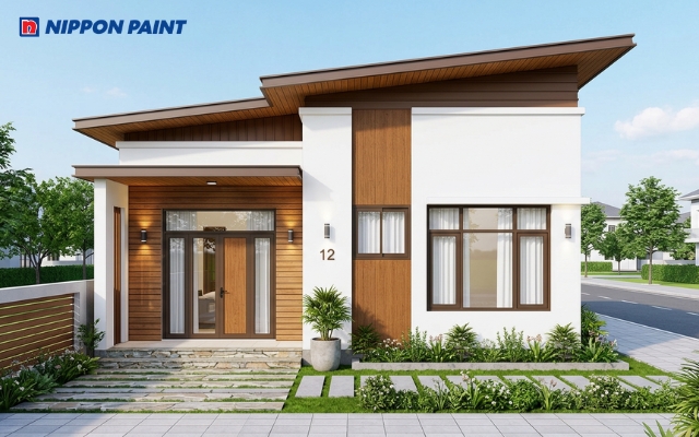 Mặt tiền nhà cấp 4 sơn trắng và nâu tạo không gian nổi bật, độc đáo