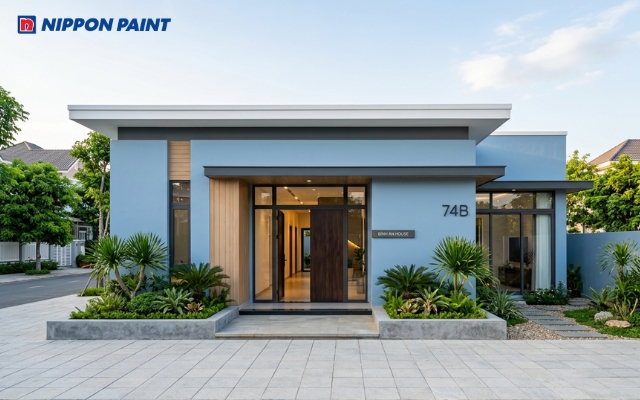 Mặt tiền nhà cấp 4 sơn màu xanh Delphinium (74B - 1P) mang lại vẻ đẹp yên bình cho gia chủ