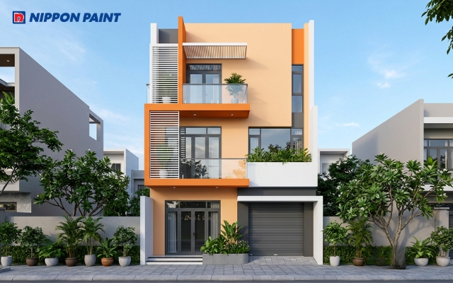 Mặt tiền nhà phố sơn Orange Scent và Tangerine tạo vẻ tươi sáng, ấm áp