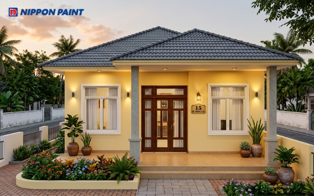 Mặt tiền nhà cấp 4 sơn màu vàng kem Lemon Ice mang đến không gian ấm áp cho gia chủ