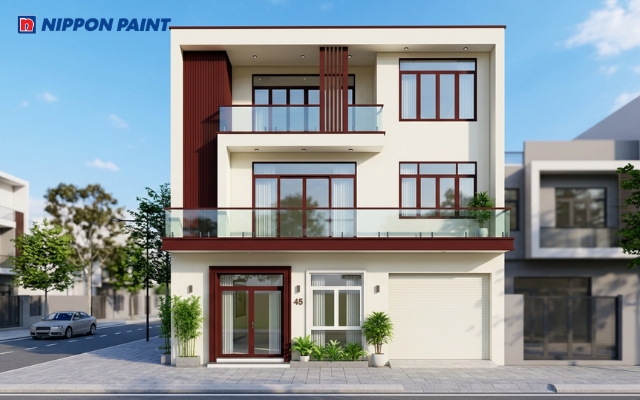 Sơn mặt tiền nhà màu trắng kem 3 tầng kết hợp màu cumberland