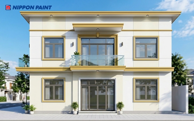 Mặt tiền nhà phố 3 tầng sơn màu trắng Sparkling Dew, điểm xuyết Polk Gold mang lại cảm giác ấm áp và tươi mới