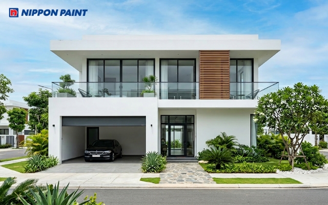 Sơn mặt tiền biệt thự màu trắng (BS 9102) giúp tạo không gian trang trọng
