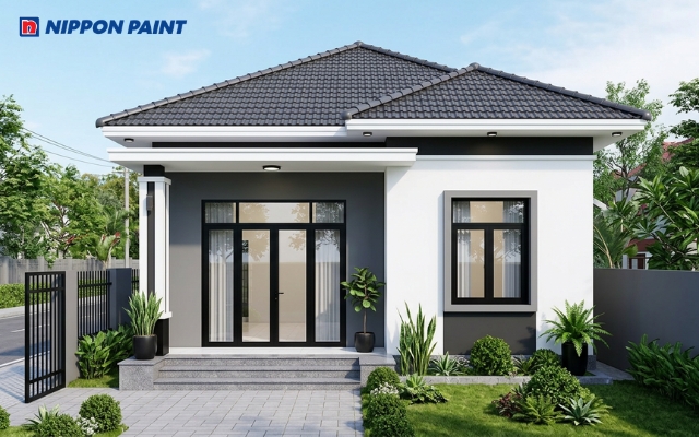 Mặt tiền nhà cấp 4 sơn đen xám và trắng tạo không gian nổi bật, trang nhã