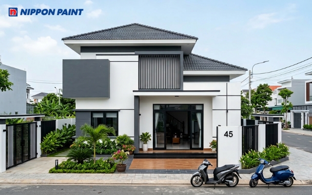 Mặt tiền nhà cấp 4 sơn đen xám và trắng tạo không gian hiện đại, sang trọng