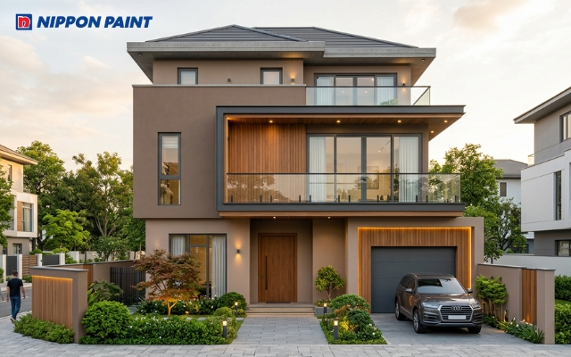 Sơn mặt tiền biệt thự màu nâu (25B - 4D) mang đến không gian ấm cúng, dịu nhẹ cho gia chủ
