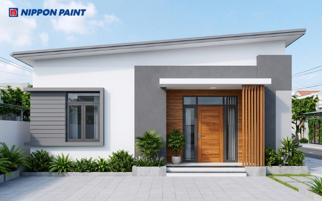 Mặt tiền nhà cấp 4 sơn trắng, ghi xám và nâu gỗ tạo vẻ đẹp giản dị cho gia chủ